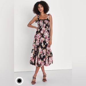 Black and pink floral midi dress with tie straps